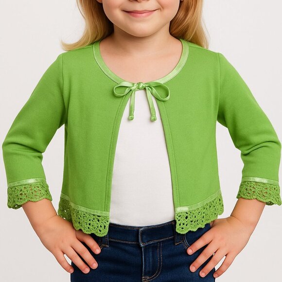 Talbots Kids Green Tie Front Cardigan with Lace Trim – Size 8 - Picture 1 of 6